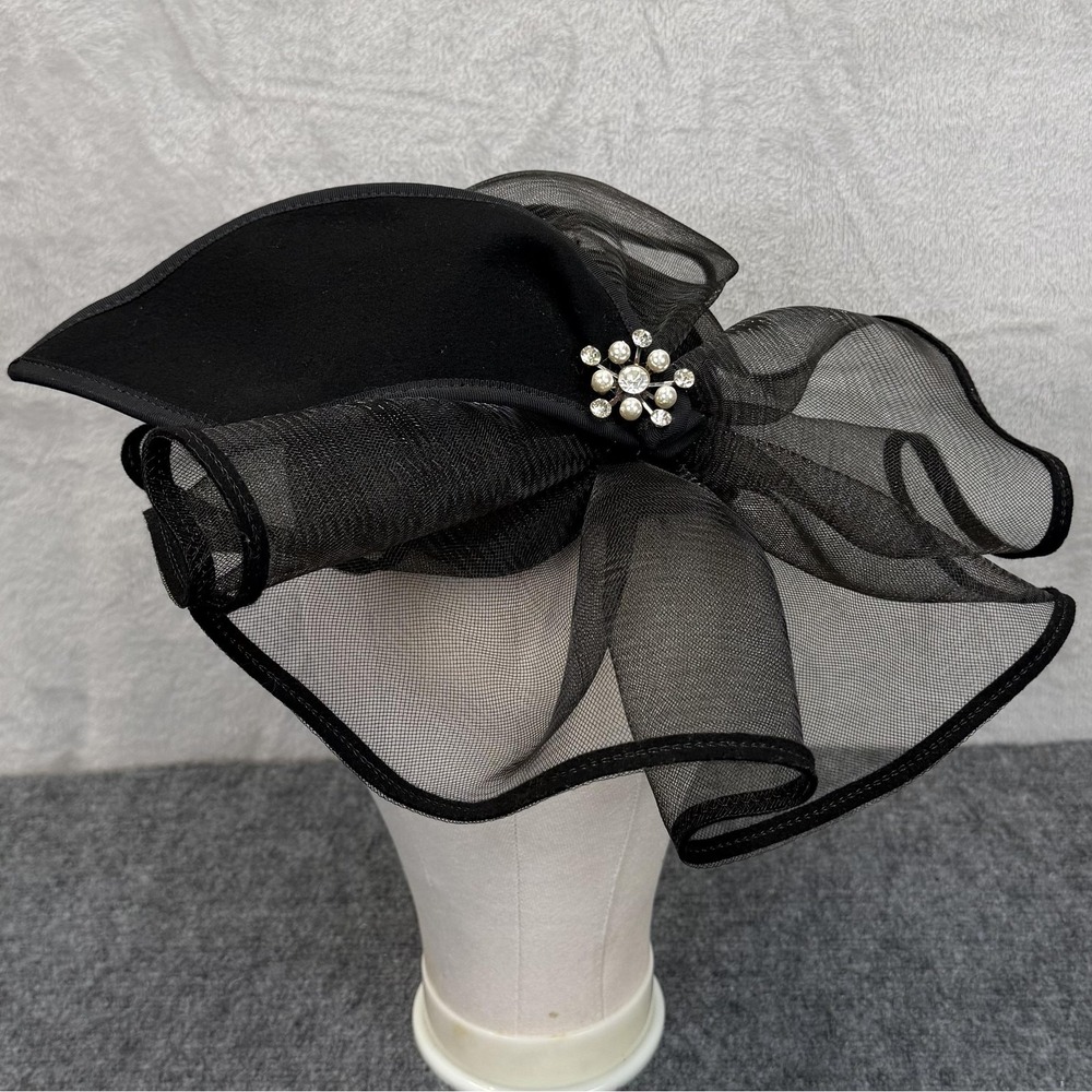 Bollman Hat Co. Hat Fascinator Black Wool Doeskin Derby Church Rhinestone USA